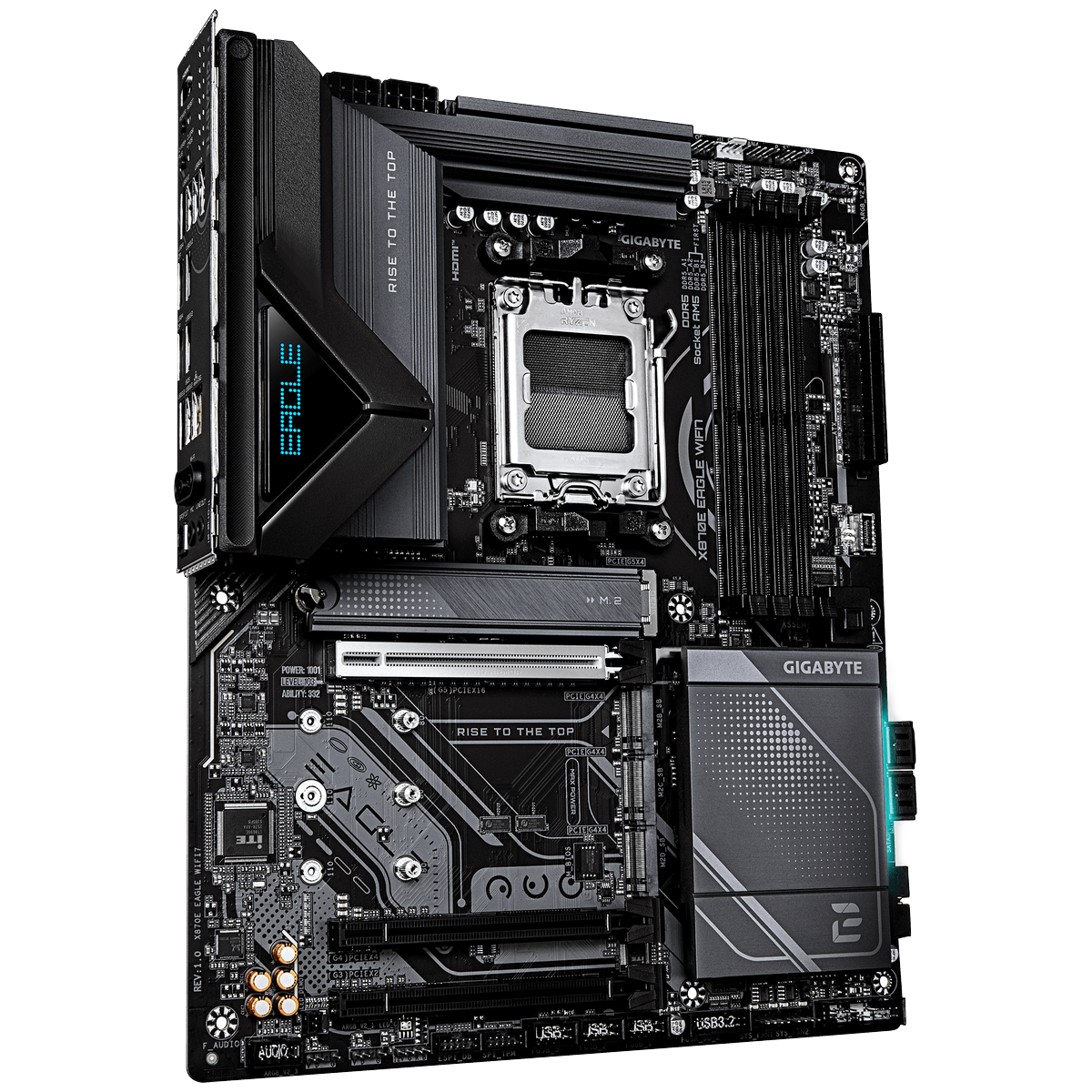 Gigabyte X870E Eagle WiFi7 изометрический вид — слоты DDR5, разъёмы USB 3.2 и аудиопорты