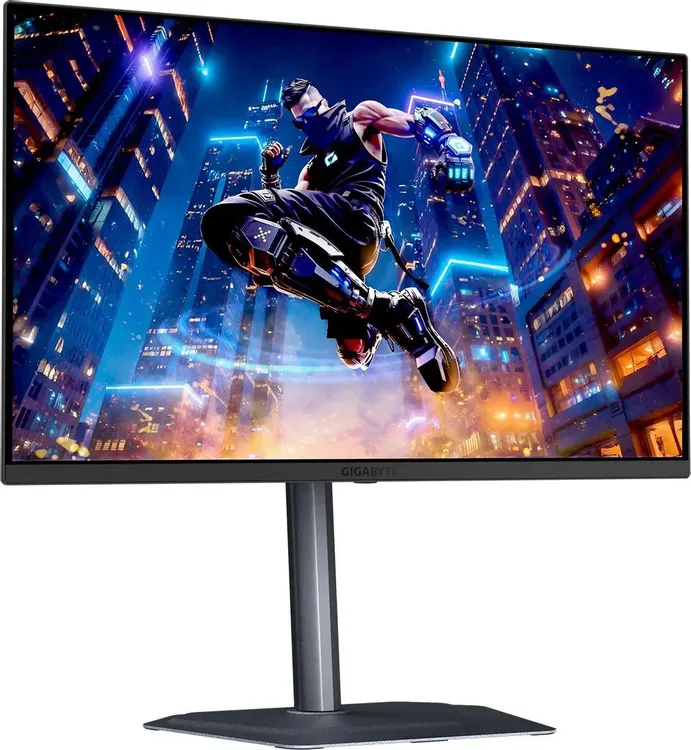 Gigabyte MO27Q3 EK вид спереди &mdash; игровой контент на QD-OLED панели