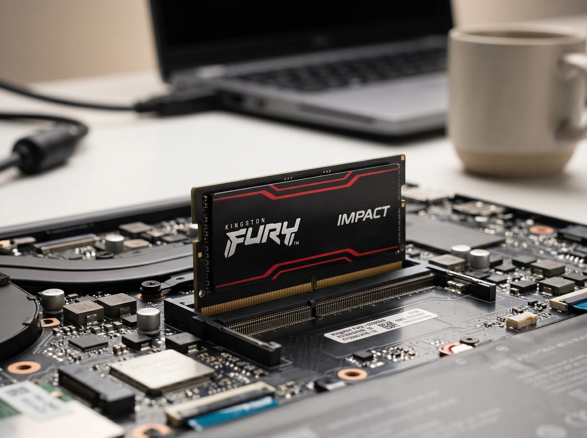 Kingston Fury Impact DDR5 SODIMM установлен в ноутбук — вид в рабочем интерьере офиса