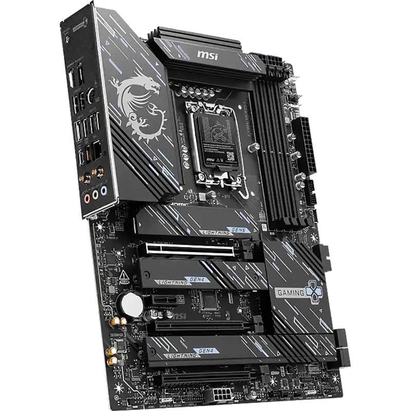 MSI Z890 Gaming Plus WiFi6E боковой вид — слоты расширения PCIe, портовая панель, геймерский дизайн