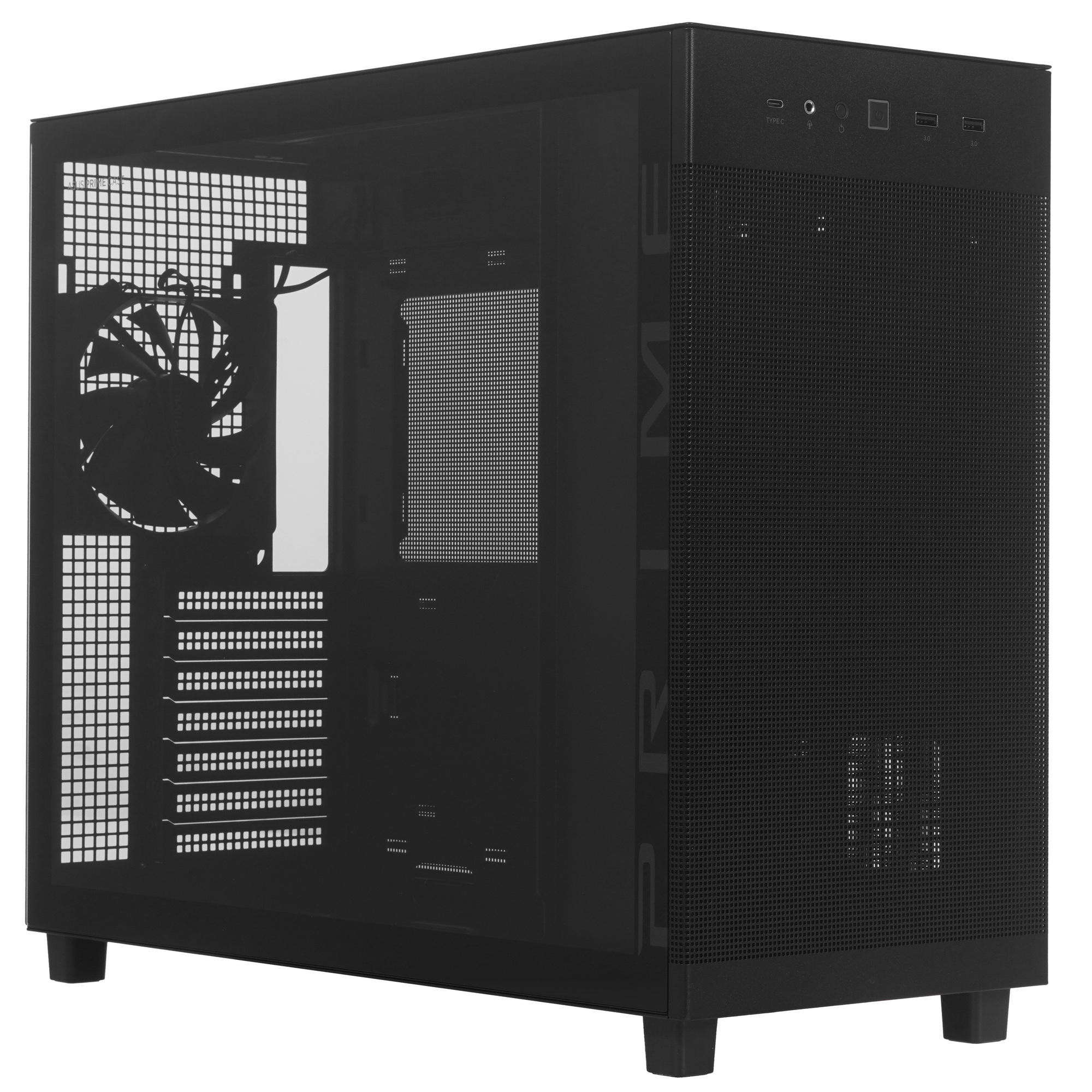 ASUS Prime AP303 TG вид спереди-слева, боковая панель снята, видны крепления вентилятора и кабельный менеджмент