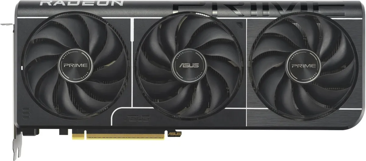ASUS Radeon RX 9060XT вид спереди три вентилятора PRIME чёрный корпус золотой разъём PCIe