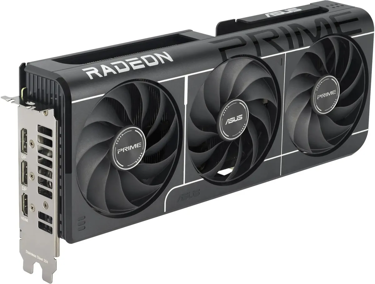 ASUS Radeon RX 9060XT боковой вид порты HDMI DisplayPort система охлаждения PRIME три вентилятора
