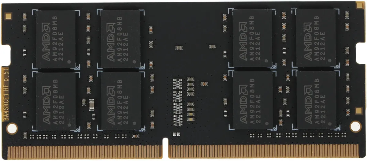 AMD Radeon R7 Performance R7416G2606S2S-U DDR4 SODIMM 16 ГБ — вид сверху, микросхемы памяти