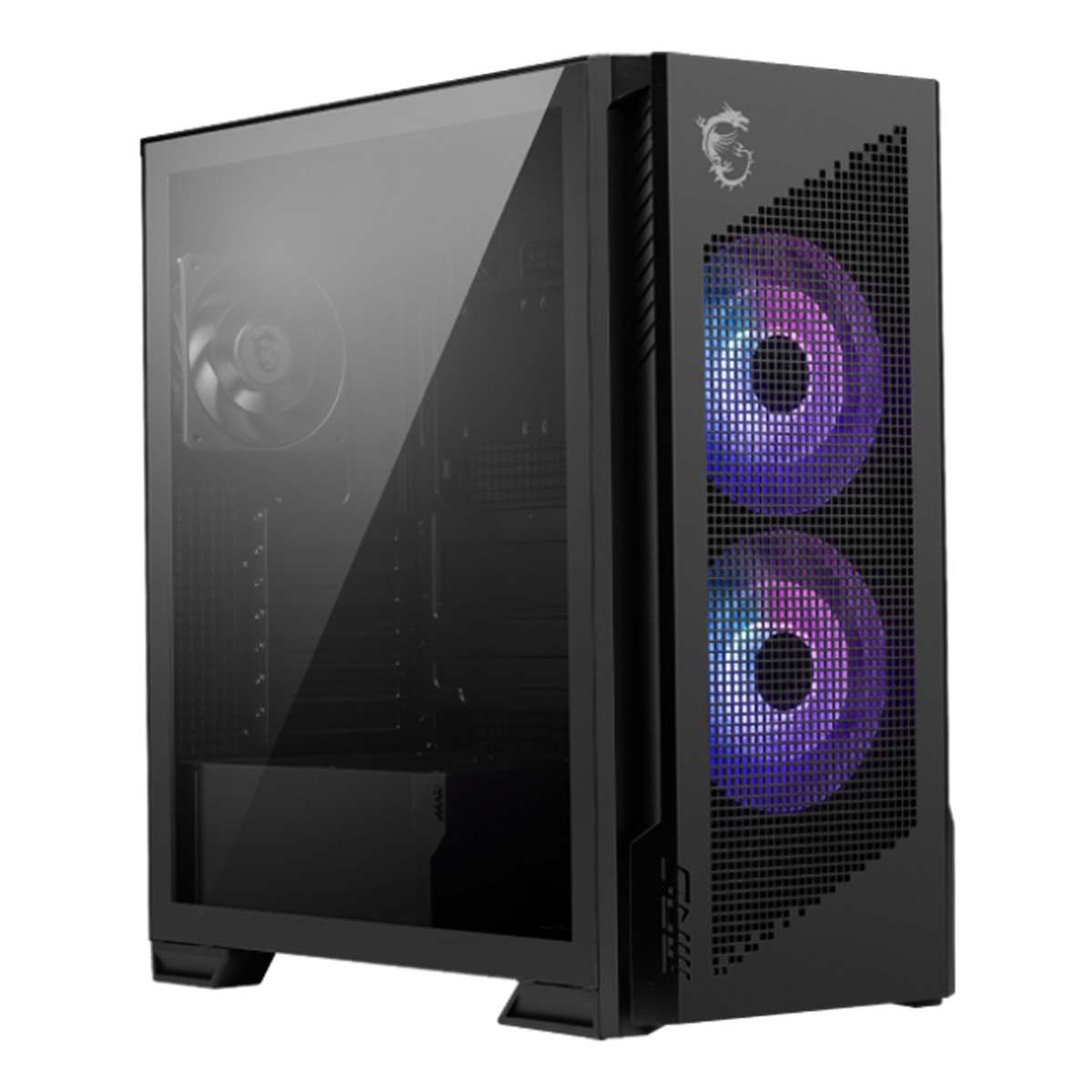 MSI MPG VELOX 300R AIRFLOW PZ вид под углом закалённое стекло ARGB вентиляторы логотип дракона