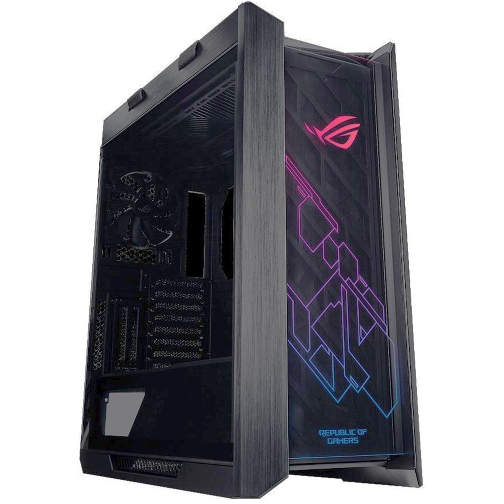 ASUS ROG STRIX HELIOS GX601 вид спереди и сбоку с ARGB-подсветкой ROG-логотипа