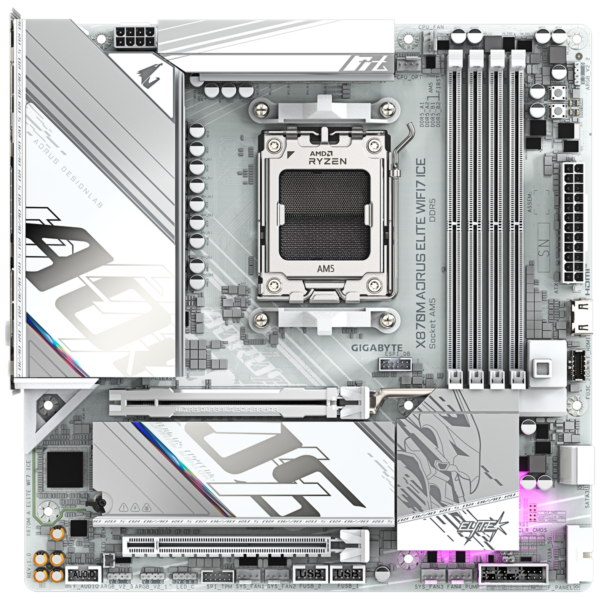 Gigabyte X870M Aorus Elite WiFi7 Ice вид сверху — сокет AM5, слоты DDR5, зона VRM