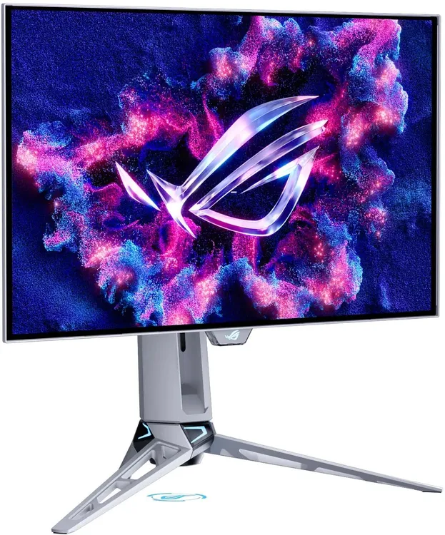 ASUS ROG Swift PG27AQWP-W вид спереди и сбоку на подставке с поворотным механизмом