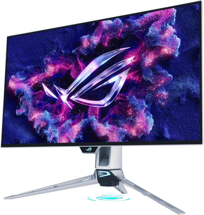 ASUS ROG Swift PG27AQWP-W фронтальный вид с насыщенными цветами на экране, тонкие рамки трёхстороннего безрамочного дизайна
