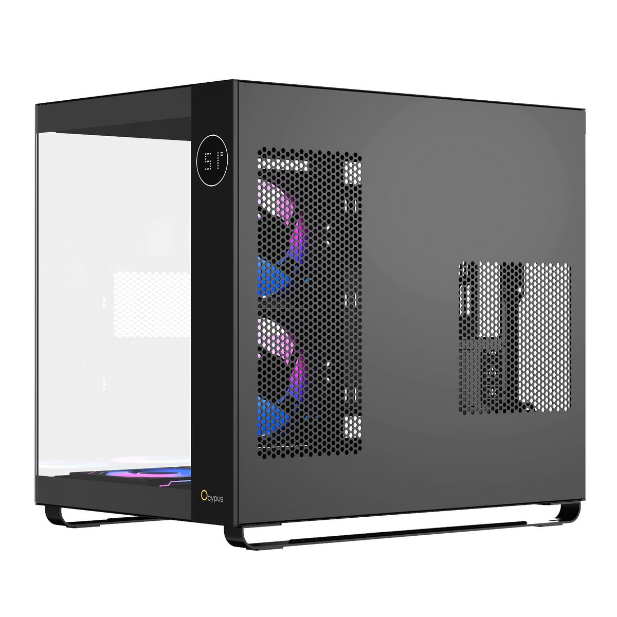 Ocypus Iota C70 ARGB вид сбоку — прозрачная левая панель и RGB-вентиляторы внутри