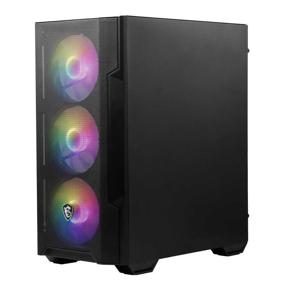 MSI MAG FORGE M100A вид сбоку, сетчатая передняя панель с тремя ARGB вентиляторами