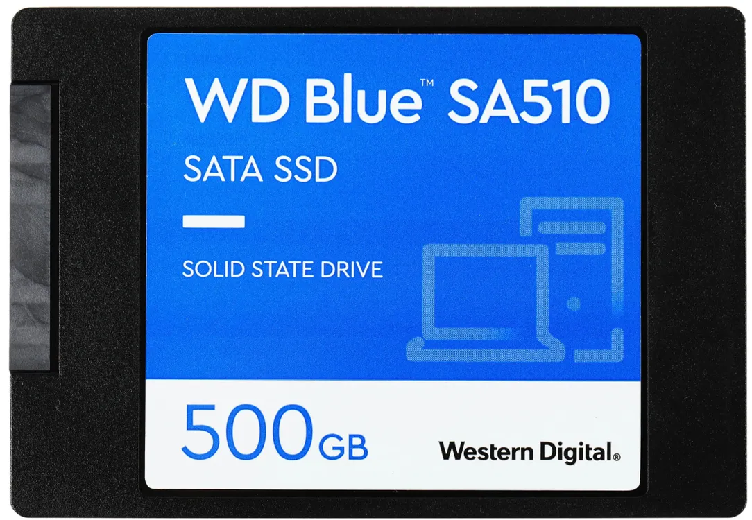 Western Digital WD Blue SA510 WDS500G3B0A 500ГБ SATA SSD вид спереди чёрный корпус синяя наклейка