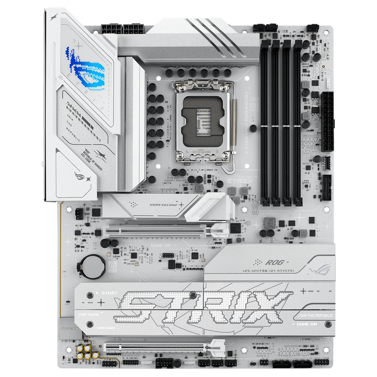 ASUS ROG Strix B860-A Gaming WiFi материнская плата ATX общий вид с установленным кулером и портами задней панели