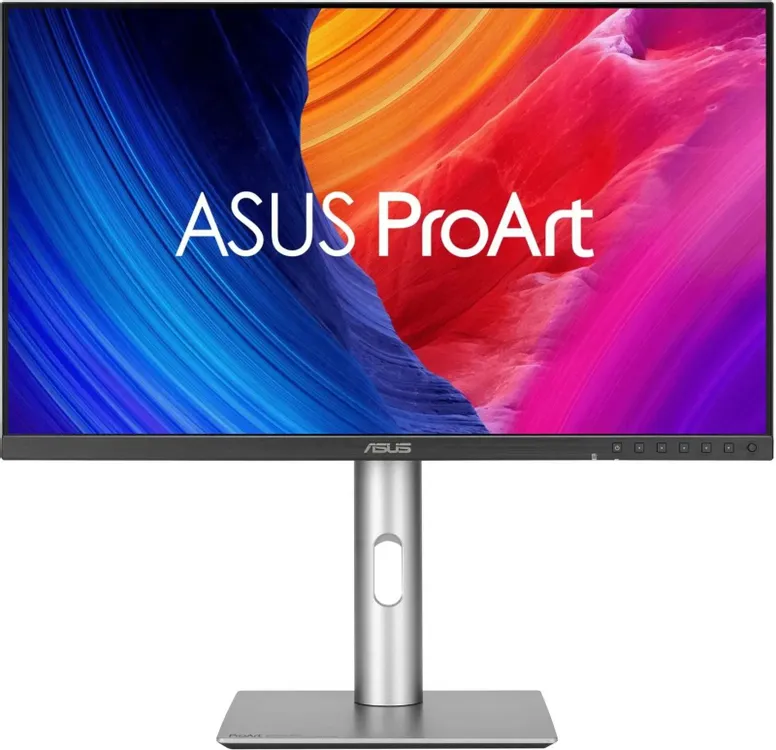 ASUS ProArt PA32QCV вид спереди на подставке с регулировкой высоты, экран с градиентным изображением