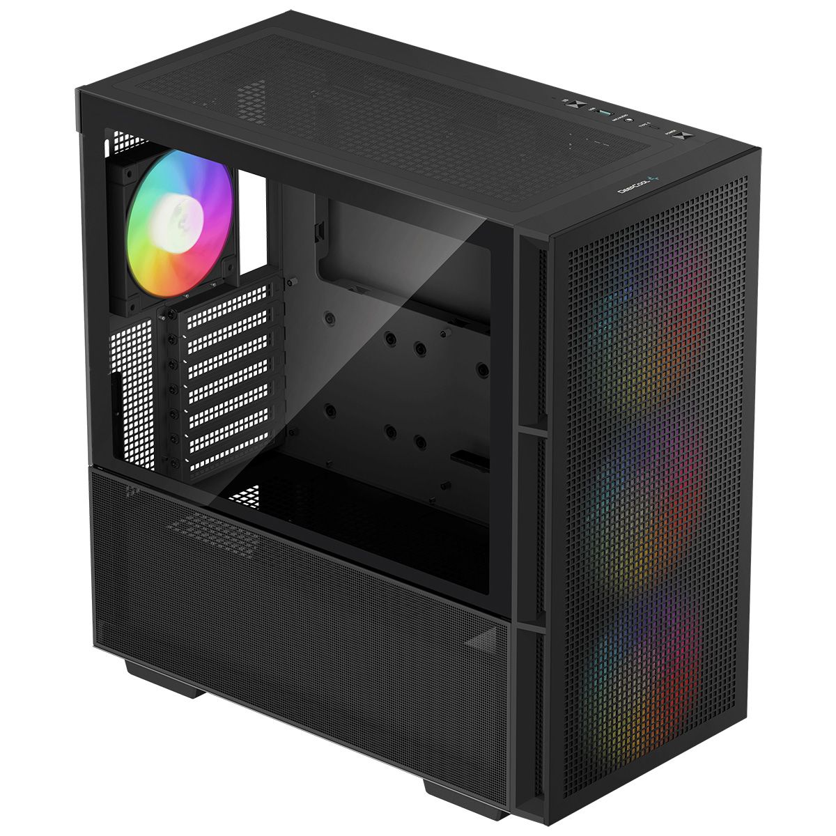 DeepCool CH560 вид спереди и сбоку — сетчатый фронт и ARGB-вентилятор