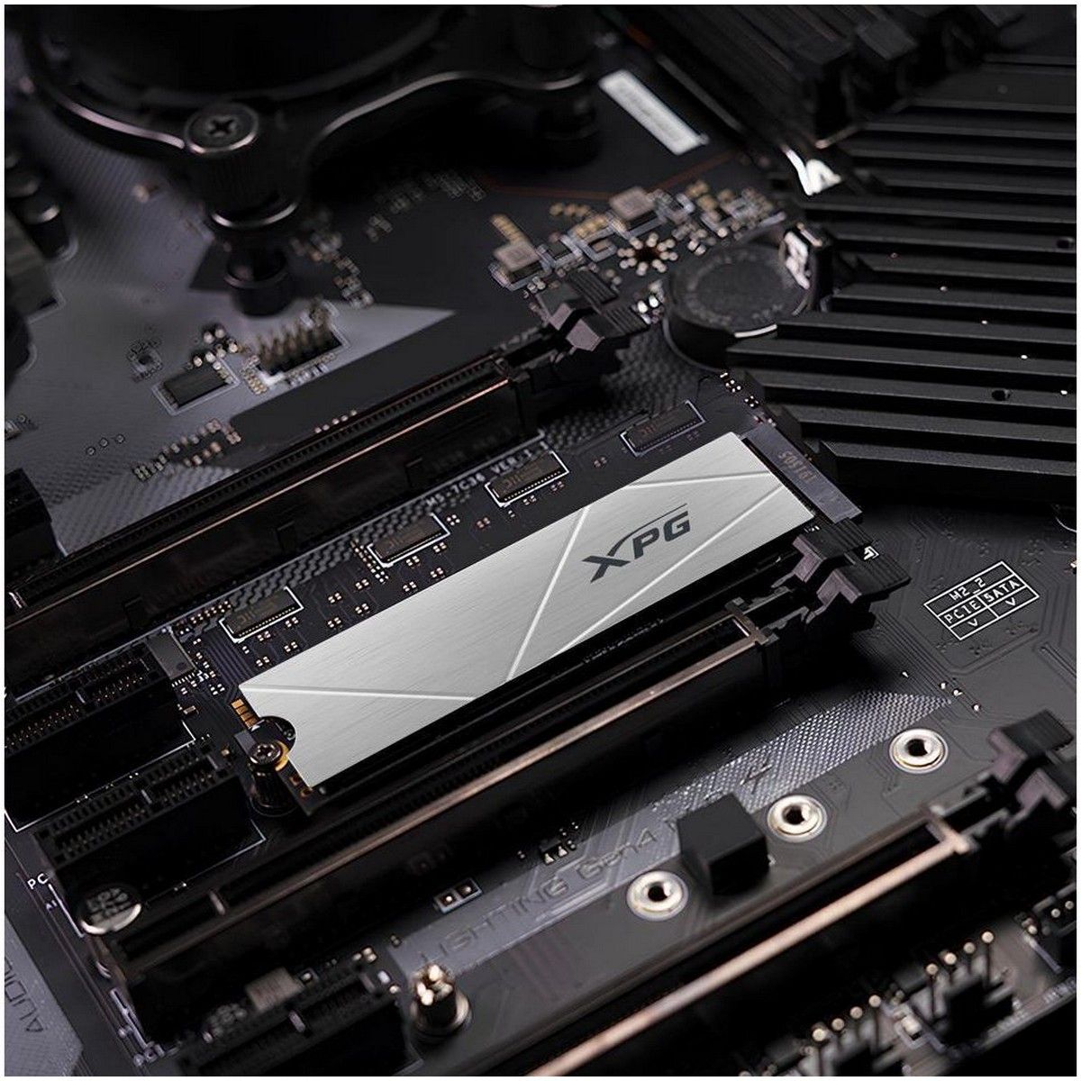 ADATA XPG Gammix S60 крупный план в слоте M.2 — совместимость с DDR5 и установка на материнской плате
