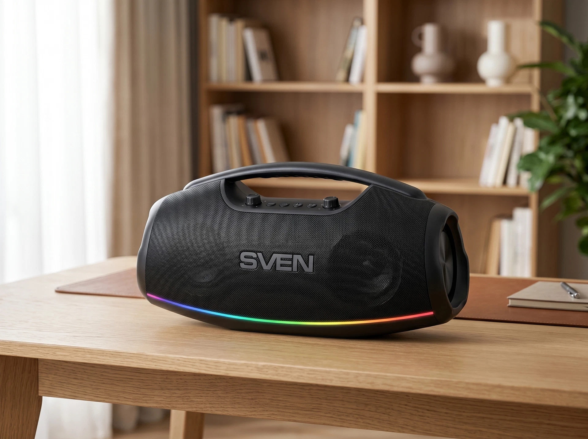 Sven PS-990 портативная колонка 180 Вт в интерьере — вид сбоку