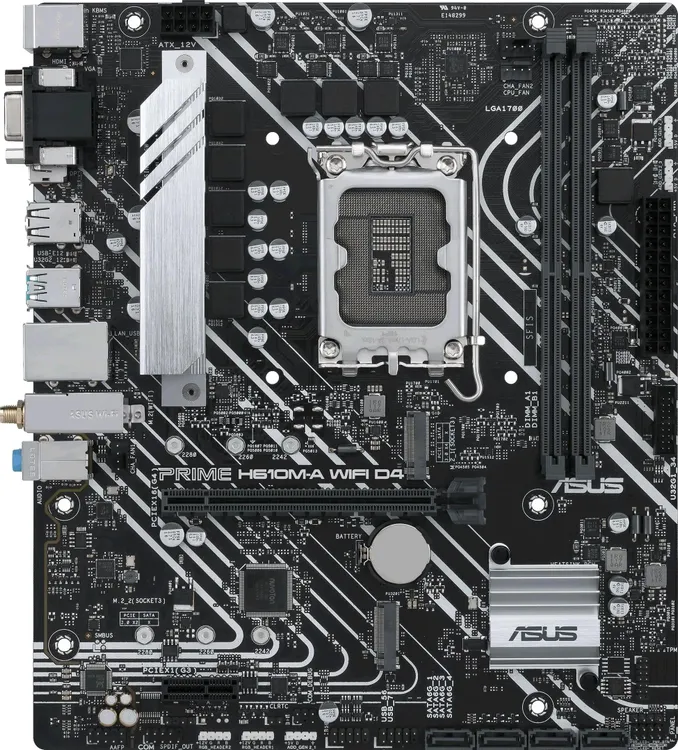 ASUS Prime H610M-A WiFi D4 вид сверху — задняя панель с портами, сокет LGA 1700, слоты DDR5 и разъёмы M.2