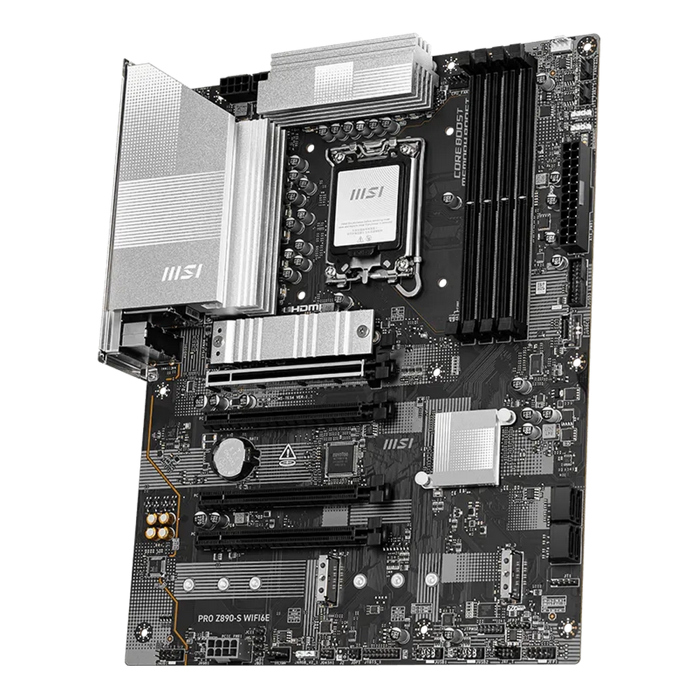 MSI Pro Z890-S WiFi6E вид сверху — слоты DDR5 DIMM, PCIe и зона VRM с радиатором