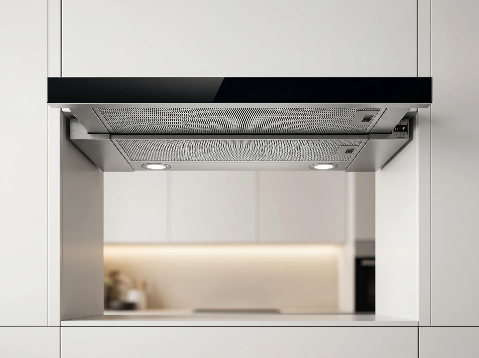 Elica Elite 26 IX/A/90/VT встроенная под шкаф в кухонном интерьере, вид спереди