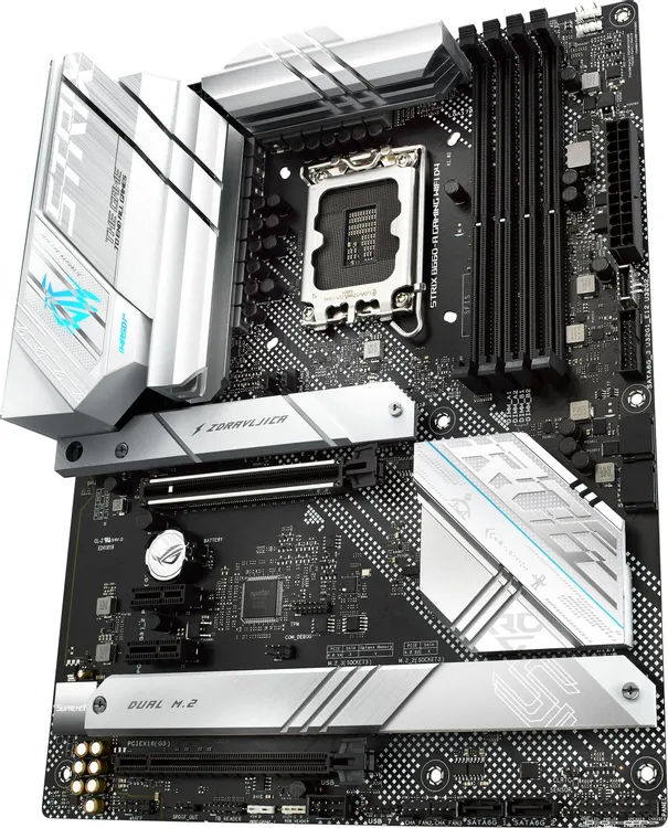 ASUS ROG Strix B660-A Gaming WiFi D4 вид сверху — процессорный сокет LGA 1700, слоты DDR4, PCIe 5.0 и разъёмы питания