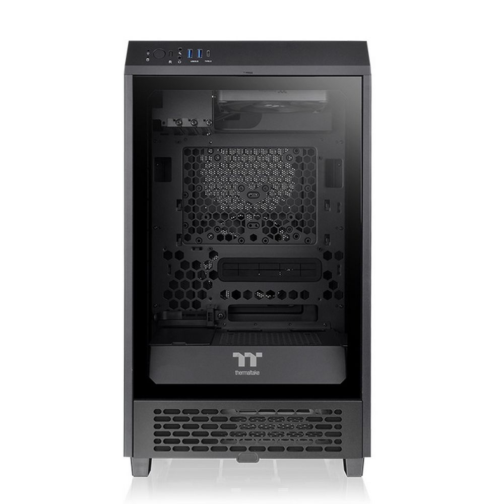 Thermaltake The Tower 200 вид снаружи — передняя панель с USB-разъёмами и сетчатой вентиляцией