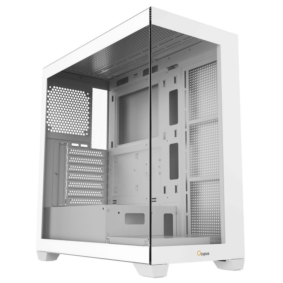 Ocypus Gamma C72 WH белый корпус Mid-Tower вид в перспективе с открытой боковой панелью