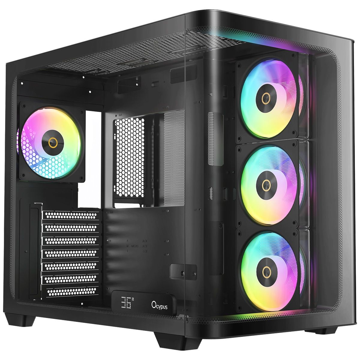 Ocypus Iota C70 Curve ARGB открытая боковая панель вид внутри с RGB-вентиляторами