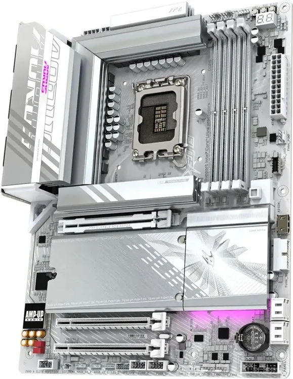 Gigabyte Z890 Aorus Elite WiFi7 Ice — задняя панель с портами, сокет LGA 1851 и разъёмы питания