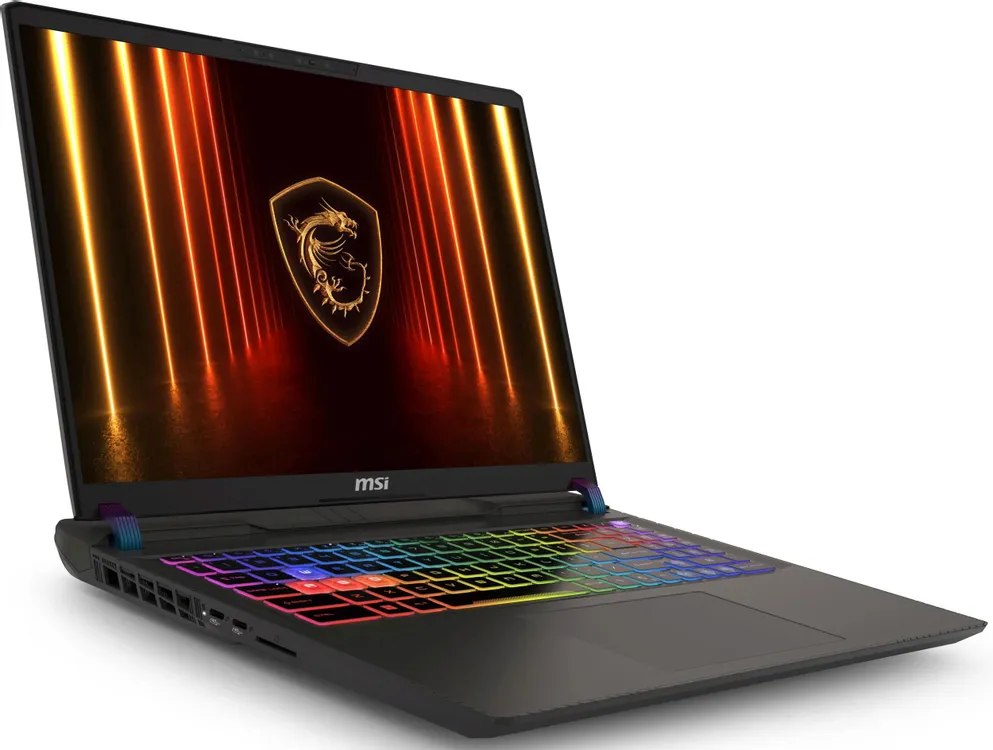 MSI Vector A16 HX A8WHG-033XRU вид спереди под углом с RGB-подсветкой клавиатуры и логотипом дракона на экране
