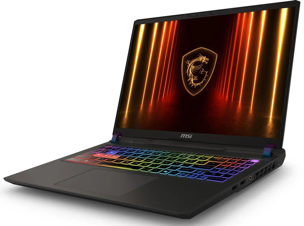 MSI Vector A16 HX A8WHG-033XRU вид сбоку — профиль корпуса 28,55 мм с боковыми разъёмами и RGB-подсветкой