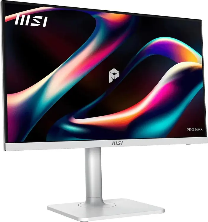 MSI PRO MAX 271QPHW E14 вид спереди на белой подставке с ярким градиентным изображением на экране