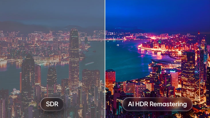 LG OLED48G6 — сравнение SDR и AI HDR Remastering на городском пейзаже: контрастность и детализация светлых областей