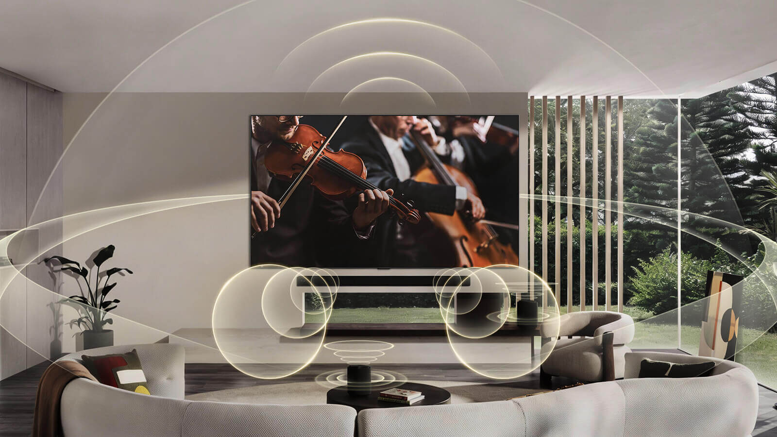 LG OLED48G6 акустическая система 4.2 в интерьере гостиной — визуализация звукового поля при просмотре музыкального выступления