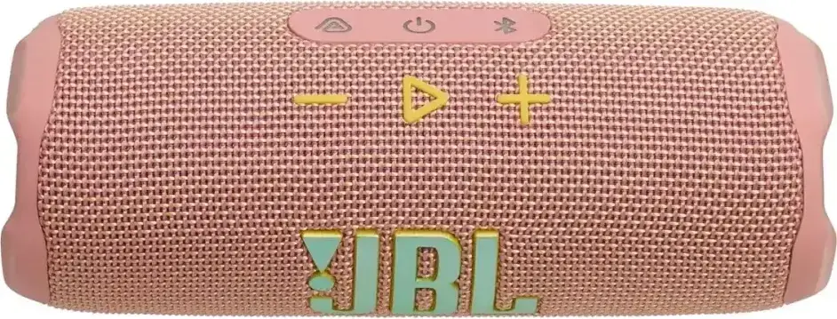 JBL Flip 7 Pink вид сверху — кнопки громкости, воспроизведения, Bluetooth и питания