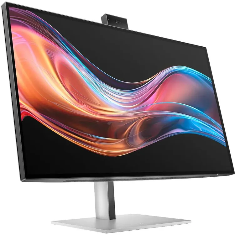 HP Series 7 Pro 727pm вид спереди на металлической подставке с ярким абстрактным изображением на экране