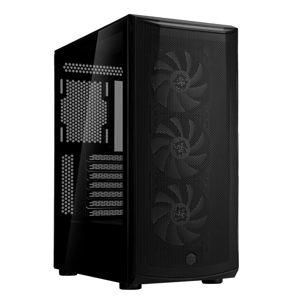 SilverStone FARA 512Z вид спереди закрытого корпуса с перфорированной панелью и тремя вентиляторами