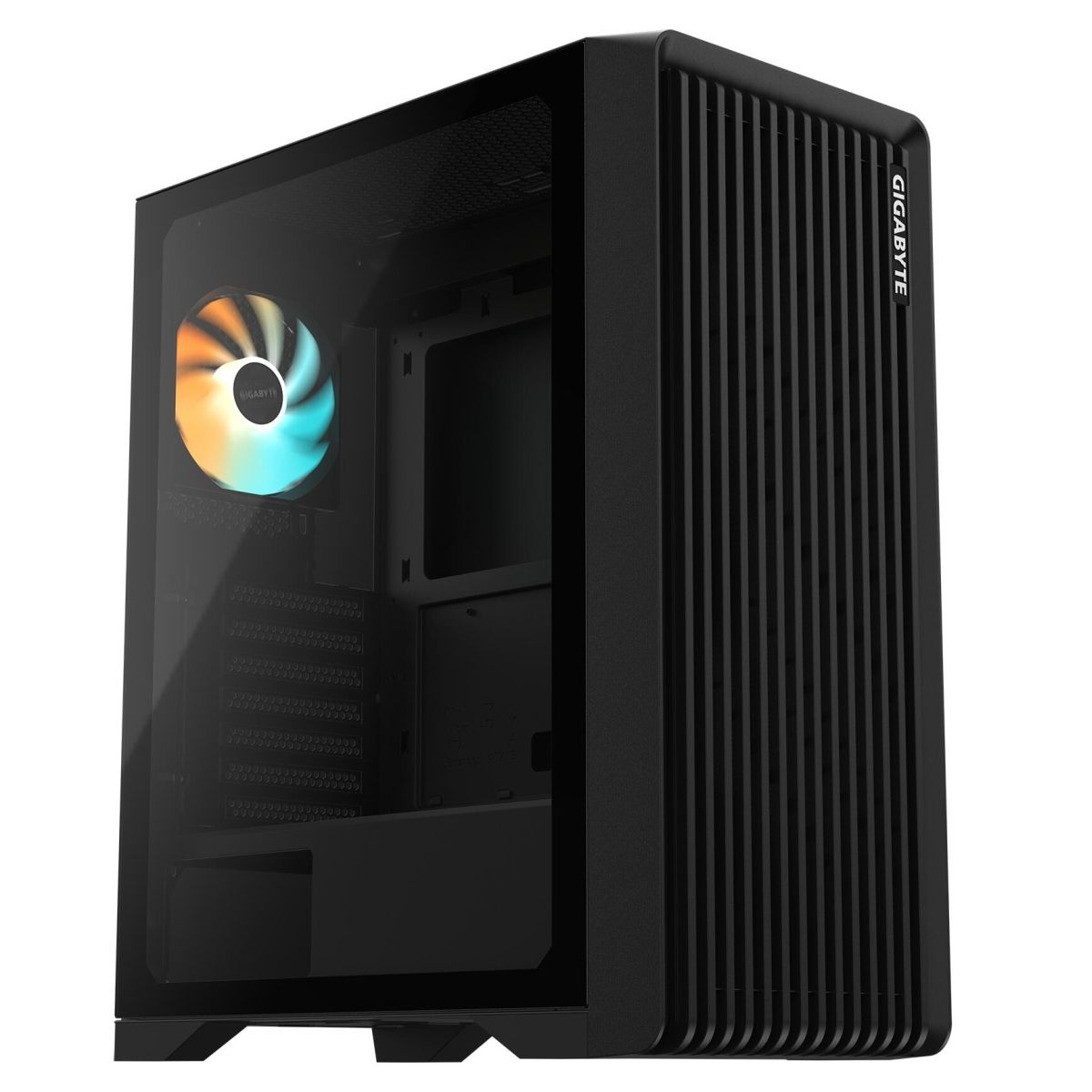 Gigabyte C103G вид спереди под углом — ARGB-вентилятор и закалённое стекло
