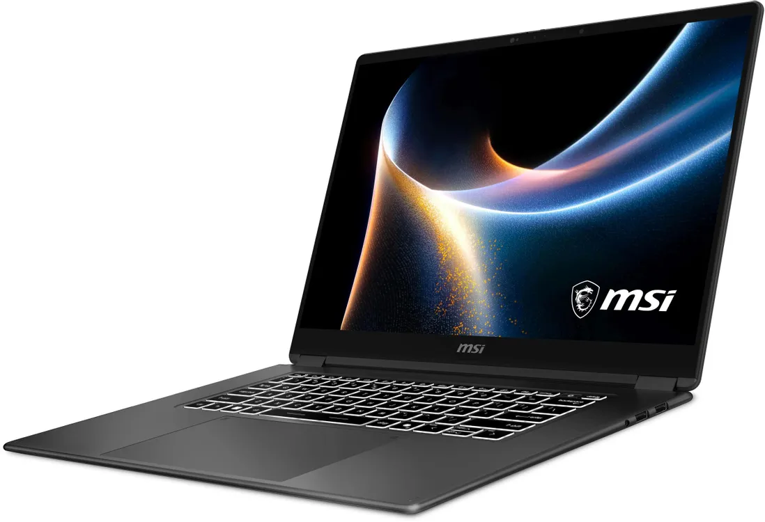 MSI Prestige 16 Flip AI+ боковой профиль — тонкий алюминиевый корпус 13.9 мм с портами на боковой панели