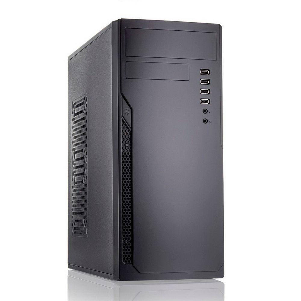 Foxline FL-301 вид спереди и сбоку черный корпус Mid-Tower с USB-портами