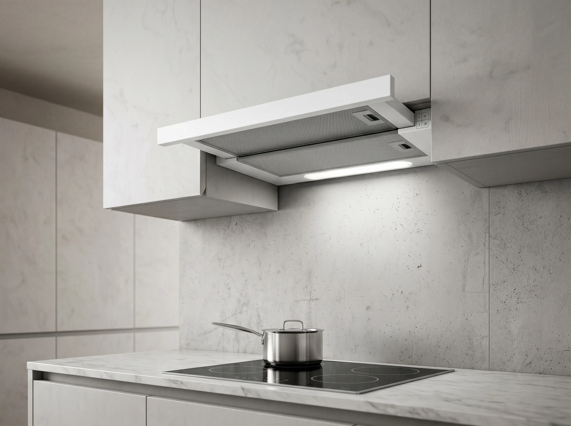 Elica Elite 14 Lux WH/A/50 в интерьере современной белой кухни — встройка под навесным шкафом