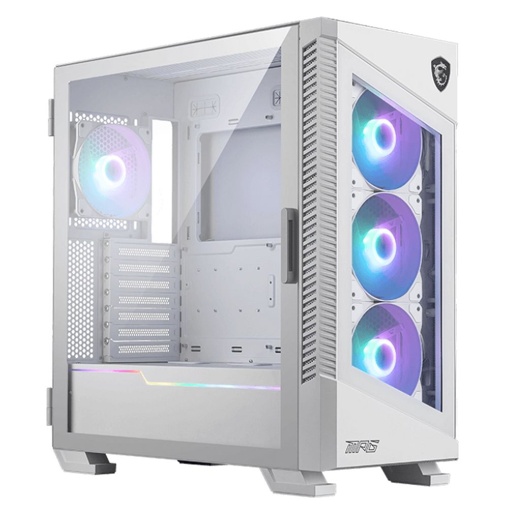 MSI MPG VELOX 100R WHITE вид спереди с тремя ARGB-вентиляторами и боковым стеклом