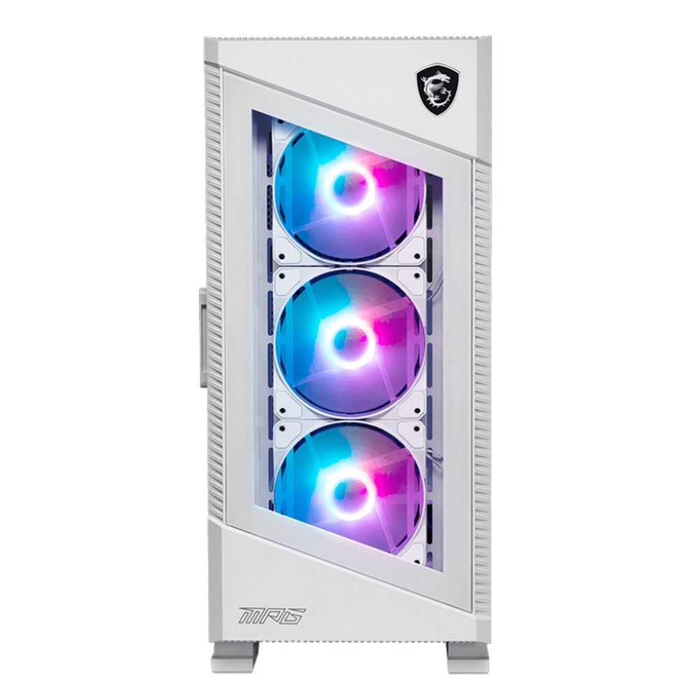 MSI MPG VELOX 100R WHITE три ARGB-вентилятора с синей и фиолетовой подсветкой через прозрачное боковое стекло