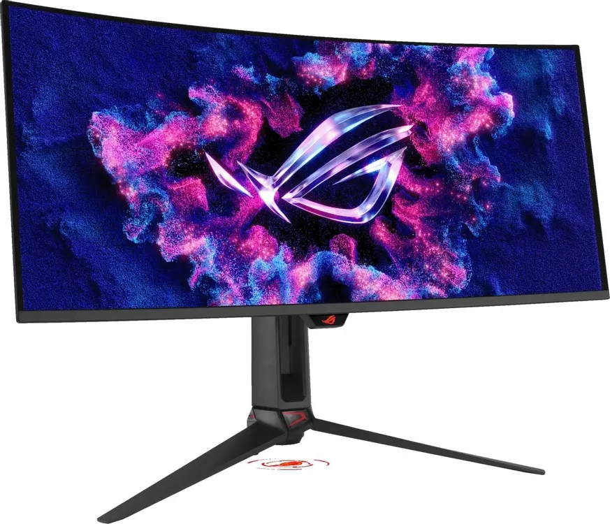 ASUS ROG Swift PG34WCDN вид спереди ультраширокий изогнутый монитор на тройной подставке с ярким ROG-контентом