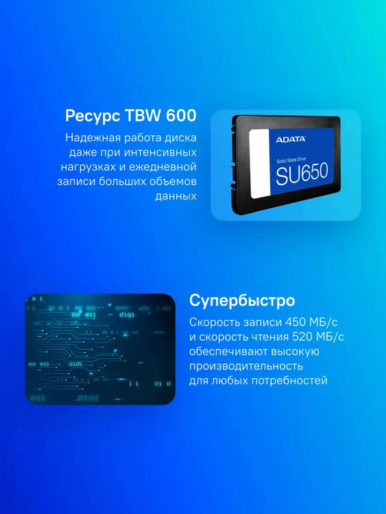 ADATA SU650 1ТБ — характеристики TBW 600, скорость 520 МБ/с чтение и 450 МБ/с запись