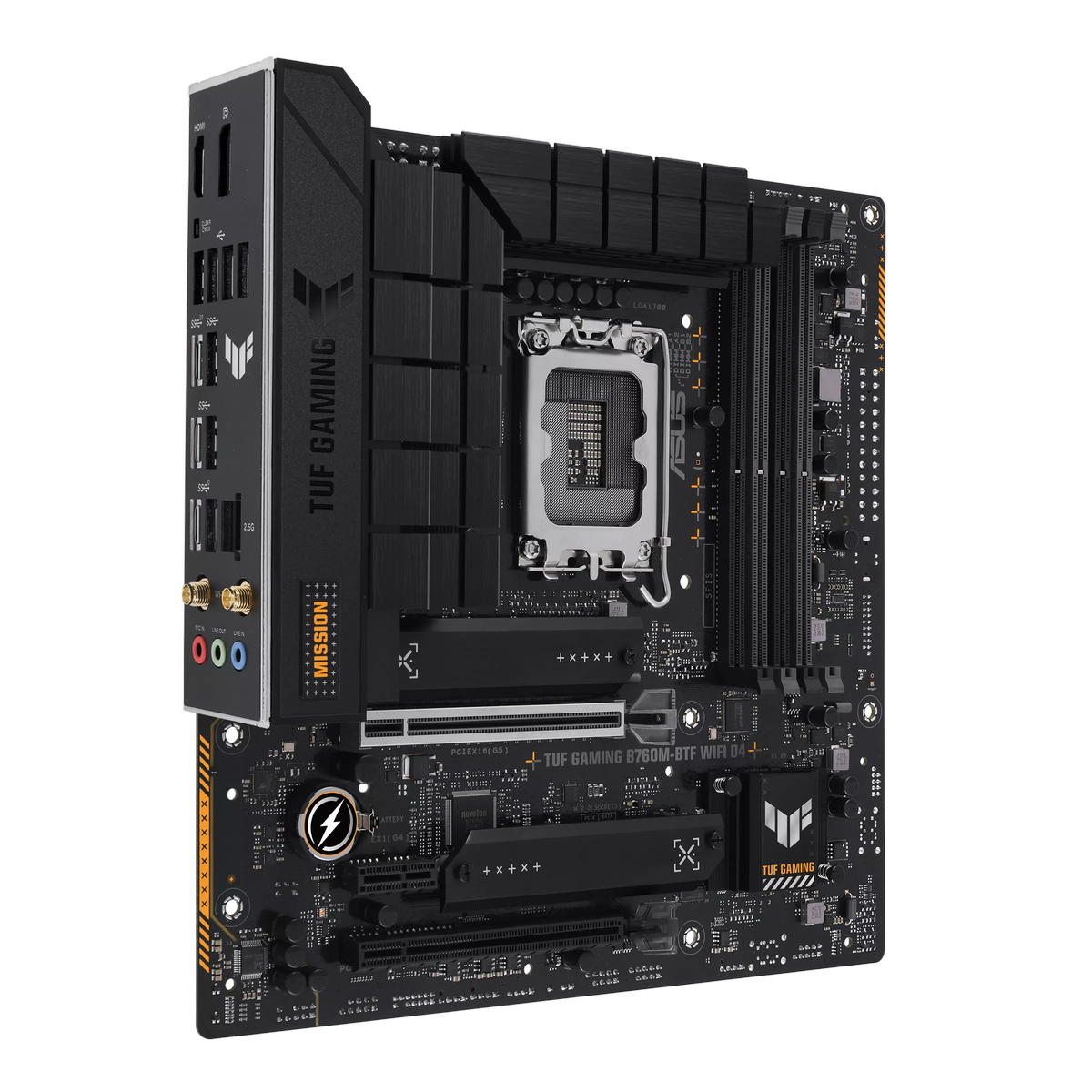 ASUS TUF Gaming B760M-BTF WiFi D4 вид сбоку — слоты RAM, M.2, система охлаждения VRM