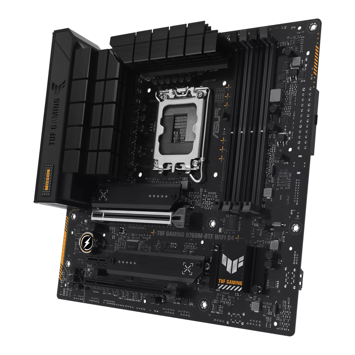 ASUS TUF Gaming B760M-BTF WiFi D4 вид под углом — слоты расширения, M.2, разъёмы задней панели