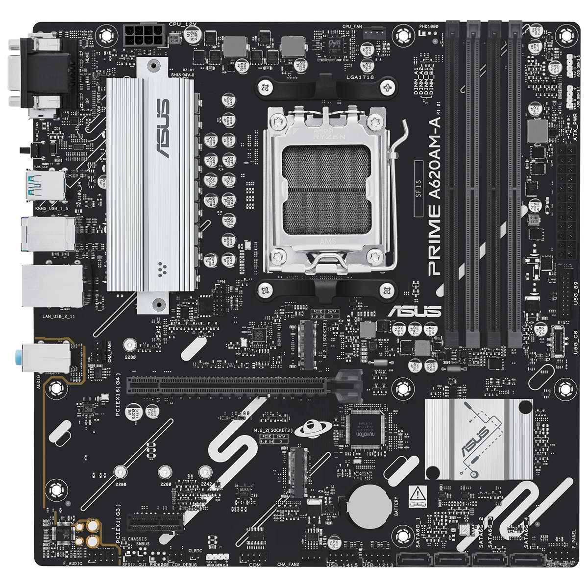 ASUS Prime A620AM-A-CSM вид сверху — сокет AM5, слоты DDR5, разъёмы M.2 PCIe 4.0, порты на задней панели