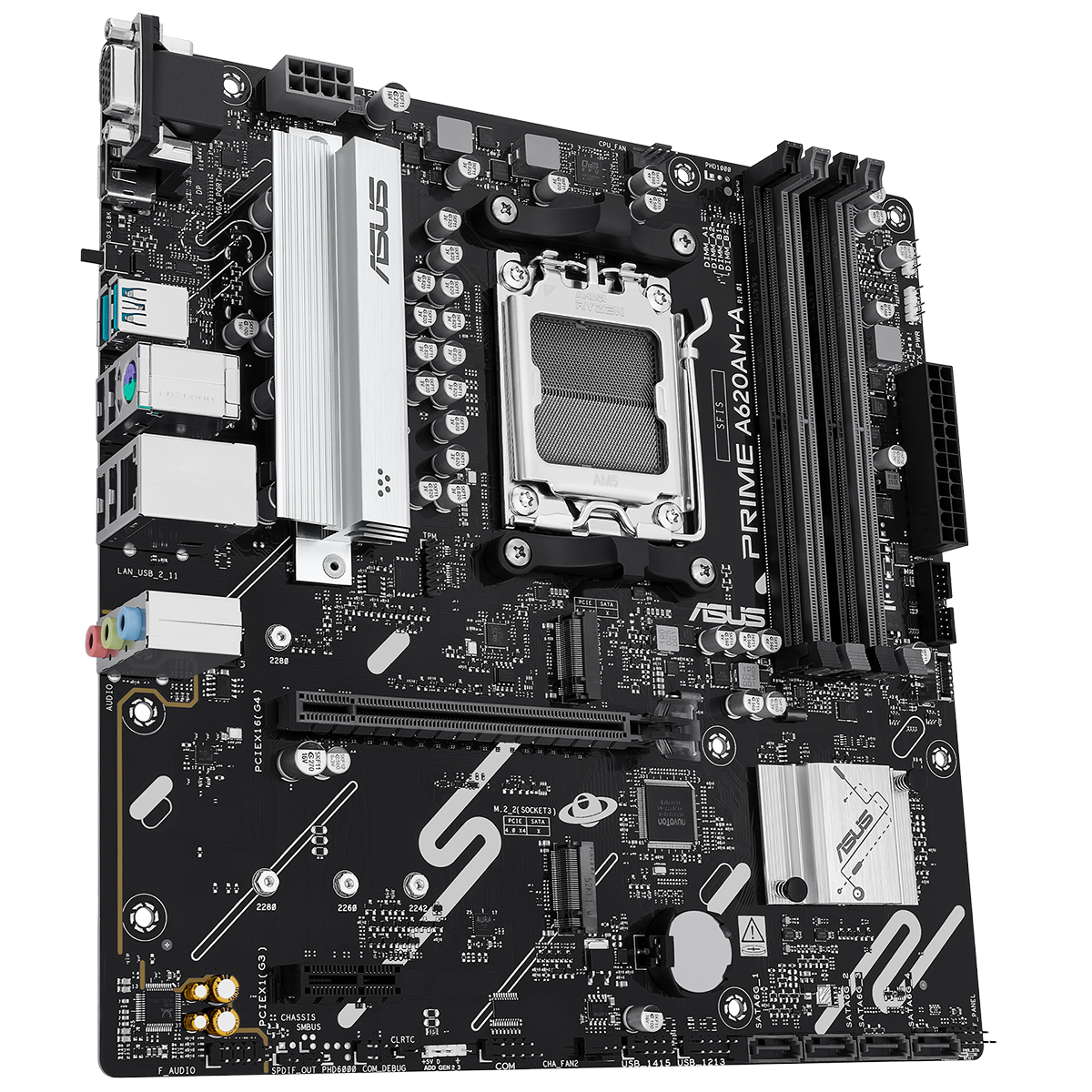 ASUS Prime A620AM-A-CSM вид под углом — радиаторы VRM, слот PCIe x16, разъёмы SATA и питания CPU