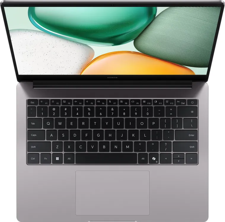Honor MagicBook X 14 вид сверху клавиатура тачпад серебристый корпус